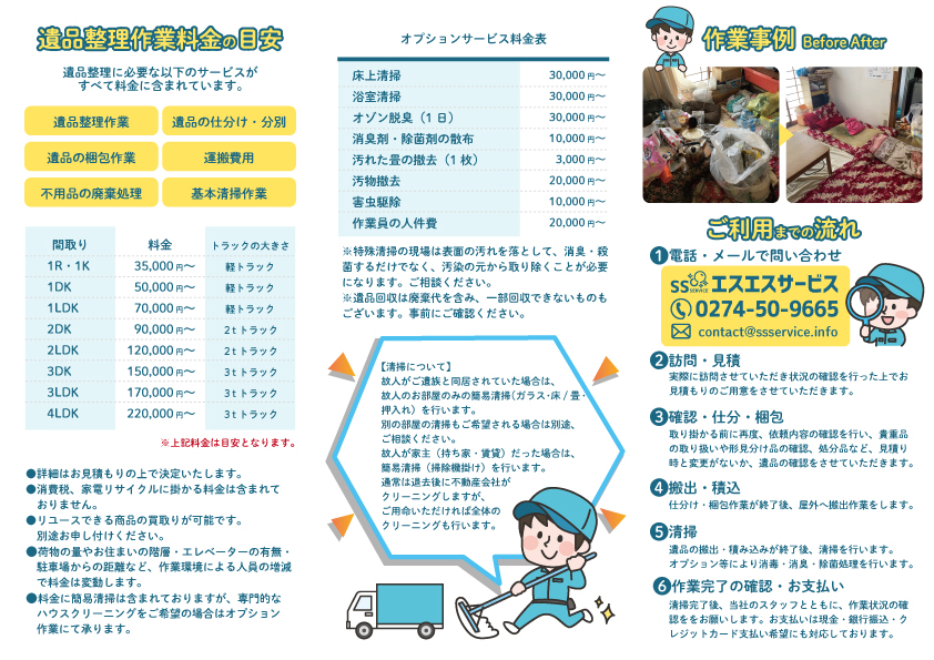 遺品整理・特殊清掃の「SSサービス」藤岡市を中心に群馬県全域・埼玉・栃木までお手伝いに参ります